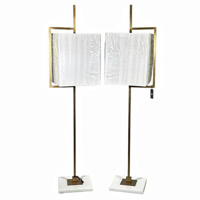 (2pc) PAIR MODERN BRASS & MARBLE ANGULAR FLOOR LAMPS | A set of two contemporary floor lamps of angular brass design with large...