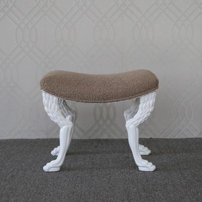 THEODORE ALEXANDER NOB HILL STOOL | White painted carved wood claw-footed bench or vanity stool with light brown sheep's wool (or...