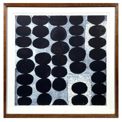 Christina Fedyk Abstract Artwork | New Seed A bold abstract artwork featuring a grid of large black circular shapes against a white and...