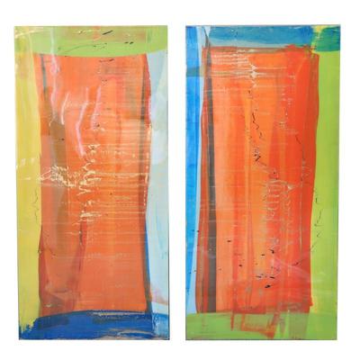 (2pc) Lacquered Abstract Acrylic Paintings on Board | Pair of acrylic paintings on board with resin pour, having orange and blue fields,...