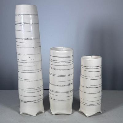 (3pc) Signed Studio Pottery Vases | A set of three minimalist cylindrical pottery vases of graduated size with incised horizontal line...