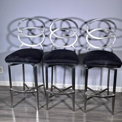 (3pc) ALUMINUM SWIVEL BAR STOOLS WITH UPHOLSTERED SEATS | Set of three contemporary aluminum bar stools with circular openwork backs,...