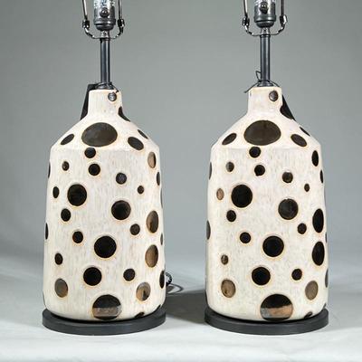 Pair Contemporary Tall Ceramic Table Lamps | Matching pair of tall ceramic lamps with polished cream finish with bold metallic spheres of...