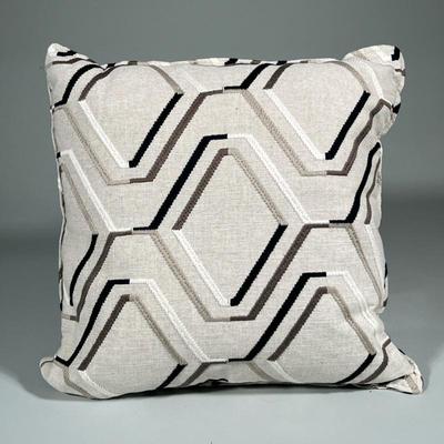Geometric Decorative Pillow With Embroidery | In shades of black, brown, white and taupe. Linen type material. Pillow has zipper and is...