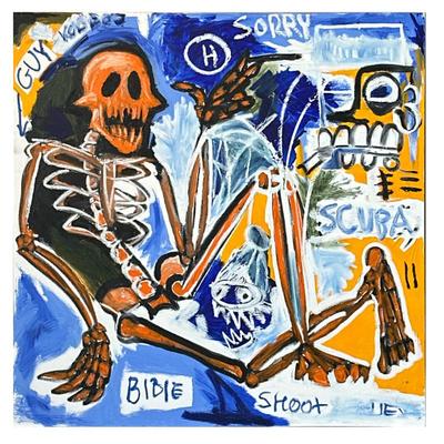 CONTEMPORARY SKELETON OIL PAINTING | Abstract expressive oil painting depicting a skeletal figure and text elements in a...