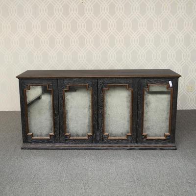 BERNHARDT MIRRORED SERVER CABINET | Stylish Bernhardt server cabinet featuring four mirrored panel doors with gilt trim and decorative...