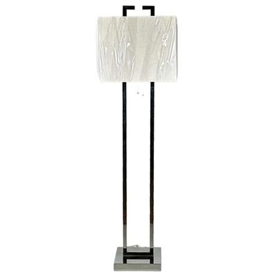 Ethan Floor Lamp, Modern Square Frame with Fabric Shade | Modern chrome two-light floor lamp with clean lines, featuring a square base...