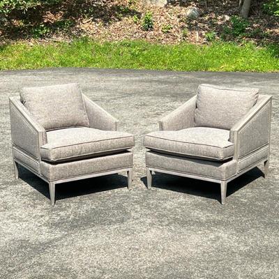 (2pc) PAIR VANGUARD ARMCHAIRS | Pair of upholstered Vanguard armchairs with clean lines and neutral woven upholstery in grey...