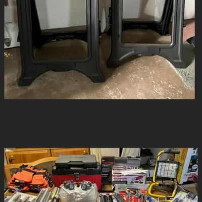 Folding Sawhorses and an Assortment of Tools (Many New)