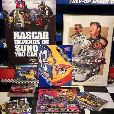 NASCAR Drivers' Statistics Cards (Some Signed), Promotional Posters, & Signed Rusty Wallace Poster