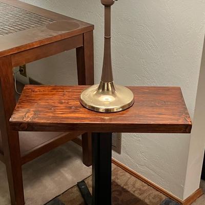 Heavy Wood Side Table with Metal Legs and Space Age Style Table Lamp