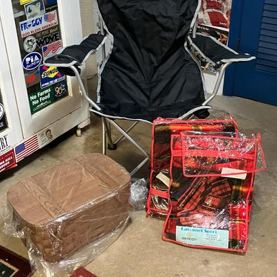 Basketville Putney Vermont Picnic Basket with Plastic Dish Set, 2 Blankets, and NASCAR folding chair