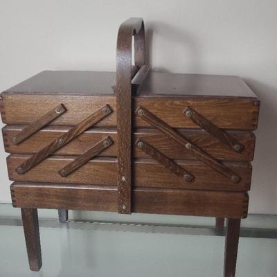 Wood Accordion Sewing Box Fold Out Top Wood Handle