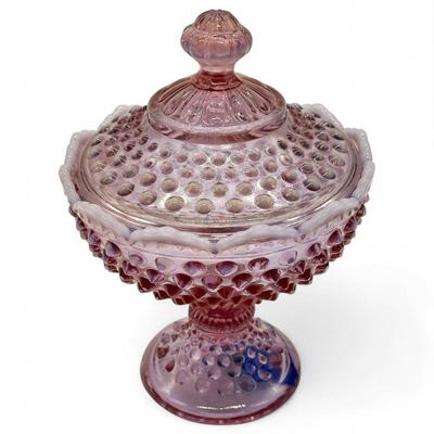 Sale Photo Thumbnail #56: Fenton Rose Magnolia Opalescent Hobnail Pedestal Candy Dish