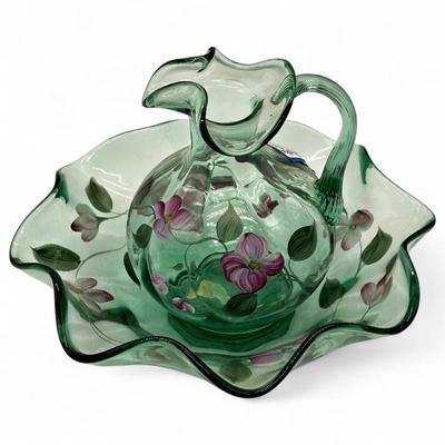 Sale Photo Thumbnail #53: Fenton "Vining Garden" on Sea Mist Glass Pitcher & Bowl