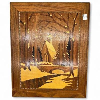 Sale Photo Thumbnail #177: Wood Marquetry Plaque of Snowy Church Scene