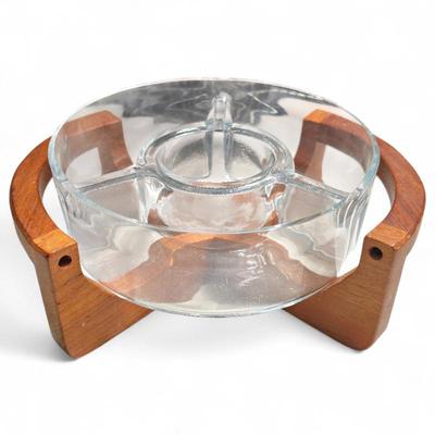 Sale Photo Thumbnail #150: Clear Glass Divided Serving Dish w/ Teak Wood Stand