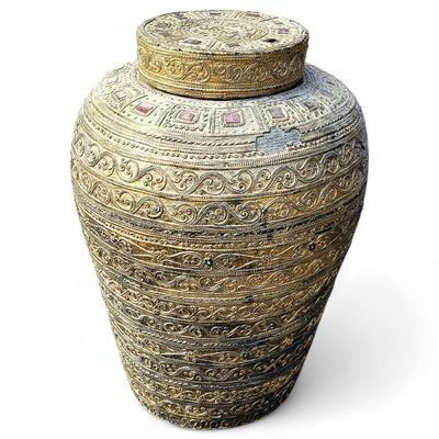 Sale Photo Thumbnail #105: Large Brass Decorative Burmese-Style Urn with Lid