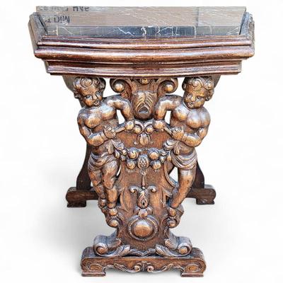 French Renaissance Style Walnut & Marble Accent Table