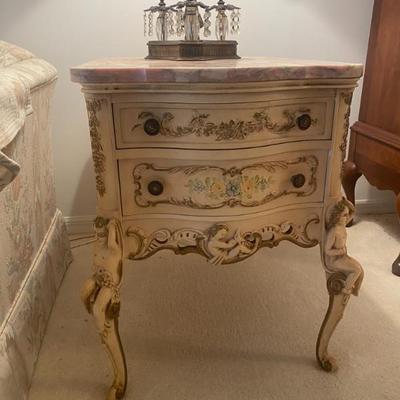 Sale Photo Thumbnail #4: Victorian Cherub Pink Marble End Tables (2)