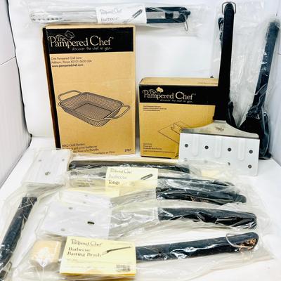 (12) Pampered Chef BBQ Grill Basket, Press and Utensils