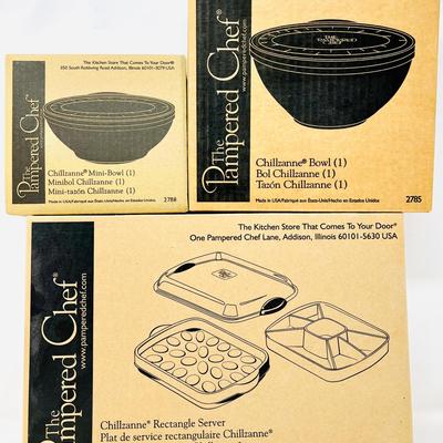 (3) Pampered Chef Chillzanne Rectangular Server, Bowl and Mini Bowl