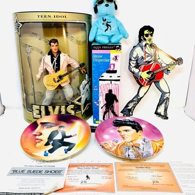 (6) Elvis Collectable Plates, Doll, Beanie Baby, Clock, and Straw Dispenser 