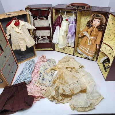 Antique United Air Lines Doll Trunk W/ Doll Clothing & Vintage Cracker Barrel Doll Playset Trunk