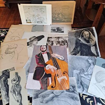 Artwork Variety:  Acrylic On Paper Bass Player; Charcoal On Paper; and More