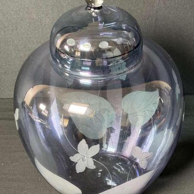 Blue Floral Etched Lidded Glass Jar