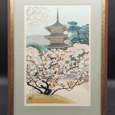 Stunning "Pagoda Of Ninnaji Temple" Woodblock Print 