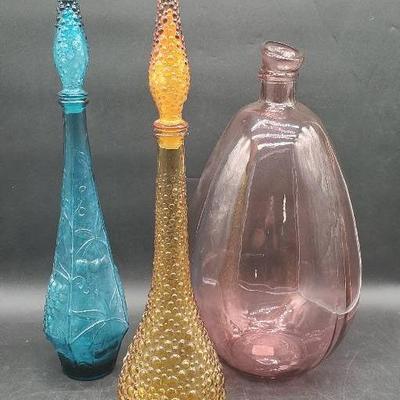 (2) Vintage Amber Hobnail & Genie Glass Decanters & Pink Glass Bubble Vase