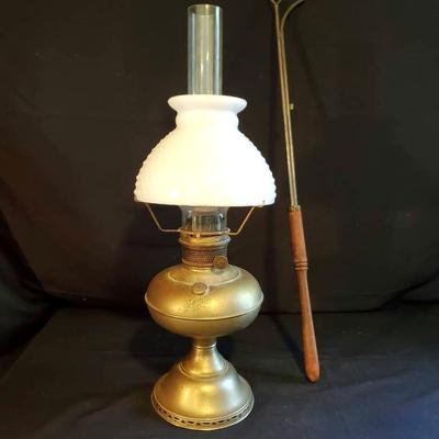 Magnet Brass Oil Lamp w/Milk Glass Shade & Houchin Diamond Gas Lantern Lighter