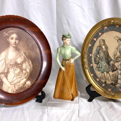 "On The Fairway" Porcelain Figurine And (2)  Vintage Framed Pictures