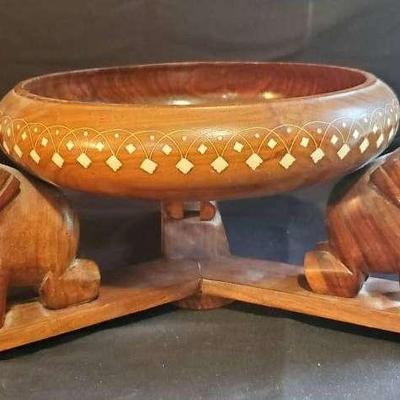 Hand Carved Wooden Bowl with Kneeling Elephants 