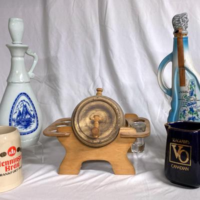 Vintage Small Whiskey Barrel, Decanters And Mug