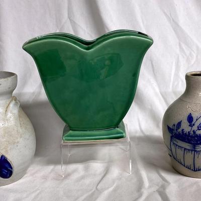 Vintage McCoy Garden Club Green Tulip Vase & (2) Pottery Vases 