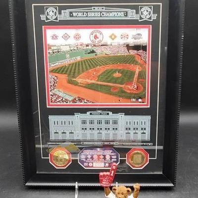 Framed Boston Red Sox World Series Piece And Bear Figurine