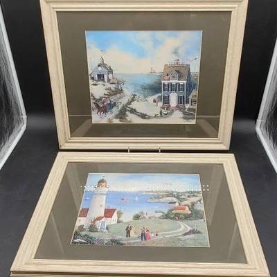 (2) Framed Folk Art Seaside Prints- Linda Nelson Stocks