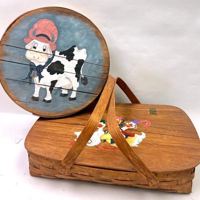 Vintage Hand-Painted Picnic Basket & Cheese Box