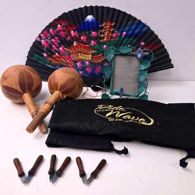 Hand Painted Japanese Fan, Wooden Skewers, & Others