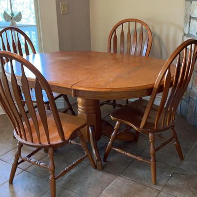 Oak Pedestal Table With One Leaf And Four High Back Chairs