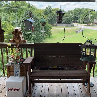 Wooden Rocker, Settee With Wooden Plant Stand, Wind, Chimes And More