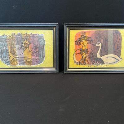 Pair of Small Framed Folk Art Prints 