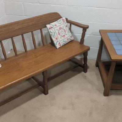 Ranch Oak Wooden Bench And Tile Inlay Side Table