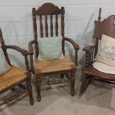 Beautiful Rocking Chair And Pair Of Solid Wooden Chairs