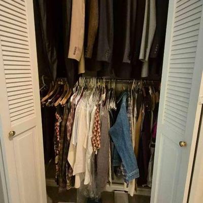 Men's tuxedos suits dress, pants, sweaters, and other assorted clothing
