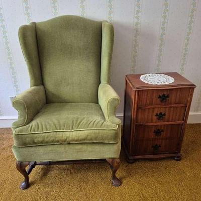 Green Upholstered Armchair & Side Table