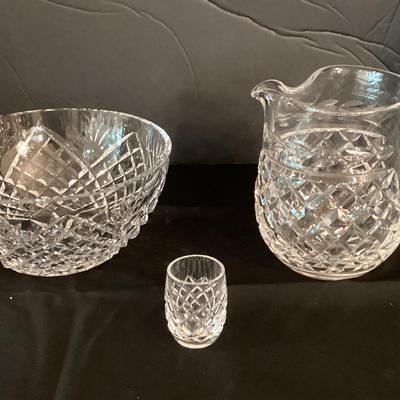 3 Piece Waterford Pitcher, Bowl And Shot Glass / Toothpick Holder