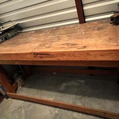 Wooden Work Table, Craftsman Scroll Saw, And Vice Grip